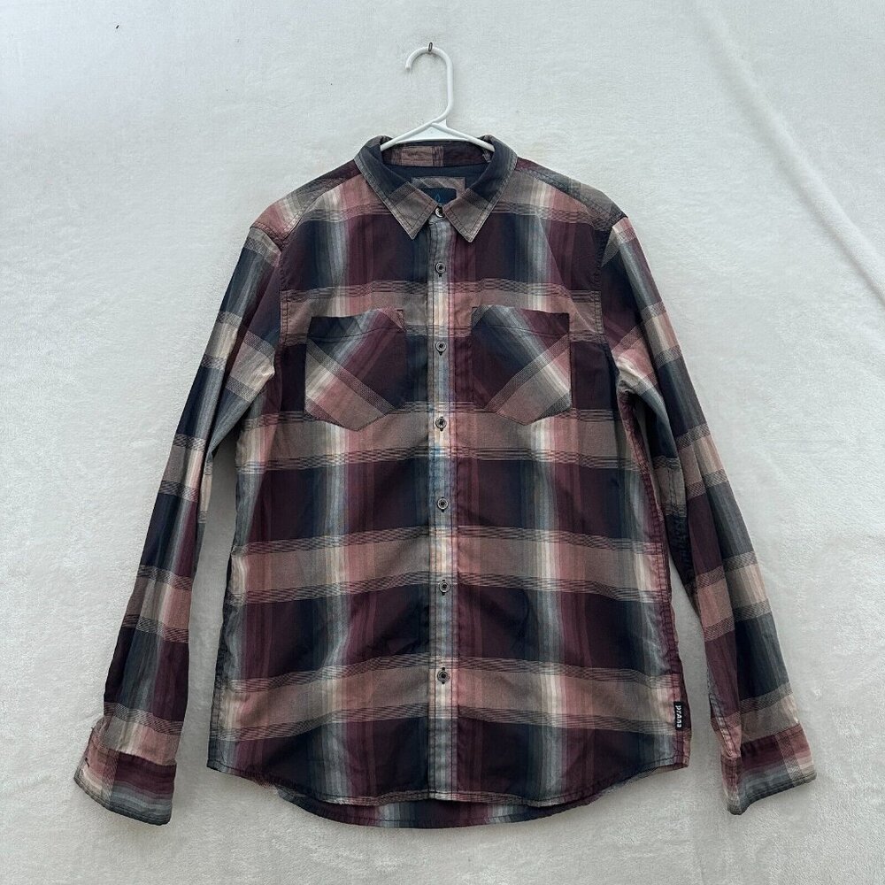 Prana Shirt Mens M Purple Plaid Pocket Outdoor Hiking Camping Casual Button Up